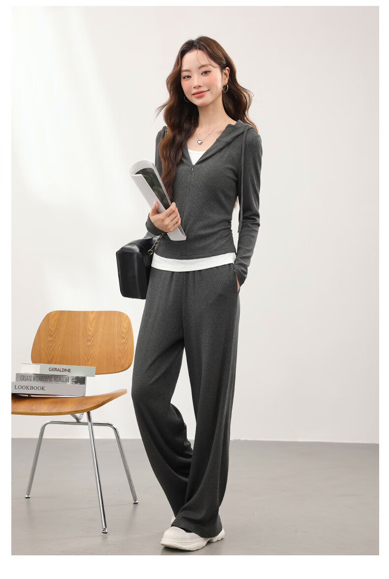 MJ STYLE Shoulderless Faux Two-Piece Women's Set, 2026 Autumn Light Mature Style Korean-Inspired Petite Outfit, Casual Jacket Wide-Leg Pants 5