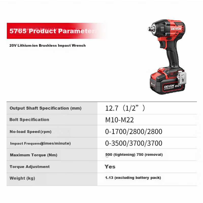 Devon New 20V Lithium-Ion Brushless Electric Wrench, 550N·M High Torque Rechargeable Impact Wrench, 5766 Machine Head