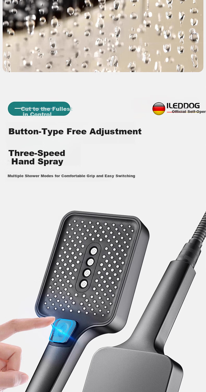 ILeddog [Germany] Pressurized Shower Head, Three-Speed High Flow Rate, Square Large Panel, Three-Piece Set with Shower Head SL-002 8