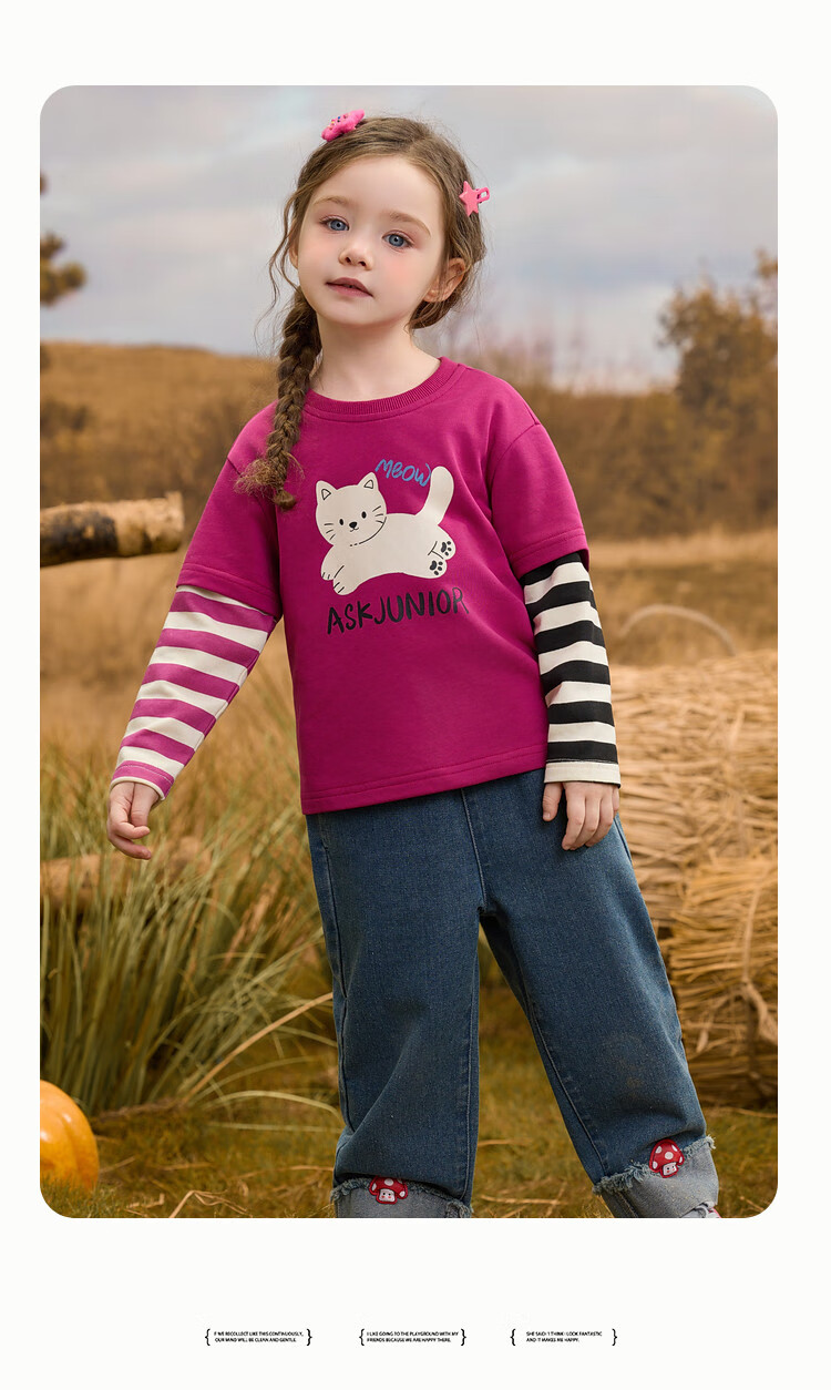 ASK JUNIOR Faux Two-Piece Children's Long Sleeve T-Shirt 2026 Spring Toddler Colorblock Base Shirt Cute Girls Top 3