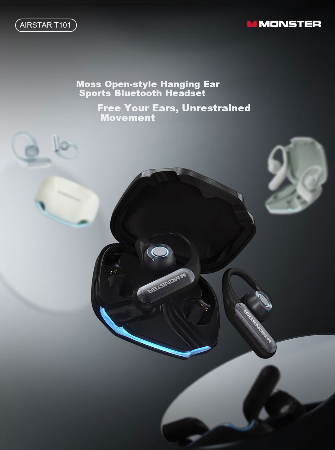 Monster Bluetooth Headphones, Bone Conduction Concept, True Wireless, Over-Ear, Open-Style, Non-In, Clip-On, Sports, Running, Long Battery Life, High Aesthetic Value, Light Effects, T101 Black 1