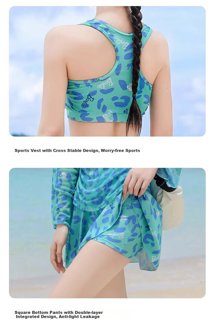 Barbie Women's High-End Conservative Long-Sleeve Swimsuit Set with Skirt for Beach Vacation, Slimming And Concealing Three-Piece Swimwear 15