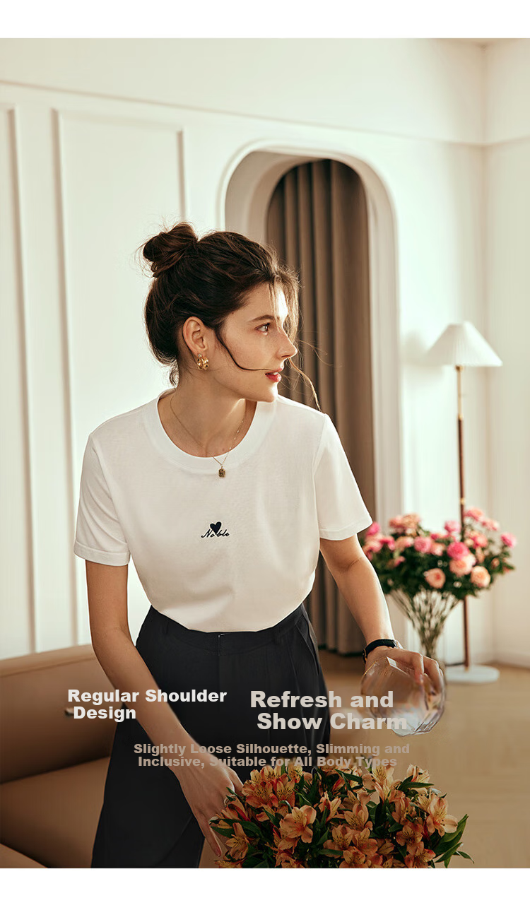 Olrain French White Short-Sleeve T-Shirt for Women, Summer New Simple Regular Shoulder Slimming Top, Off-White, S 17