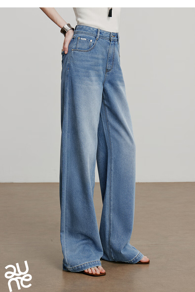 Chuyu Focus Acetate Puff Soft Denim Women's 2025 New Mid-Waist High Street Embroidered Wide-Leg Pants Sky Blue 28 12
