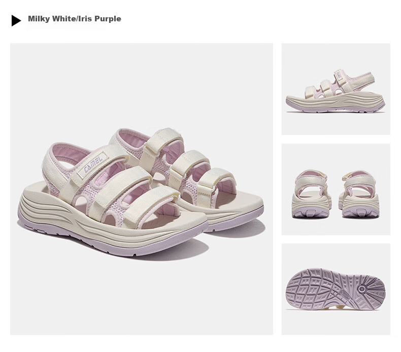 CAMEL Wave Sports Sandals for Women, Breathable Thick-Soled Velcro Beach Shoes X25B16L2039 Milk White/Purple 36 18