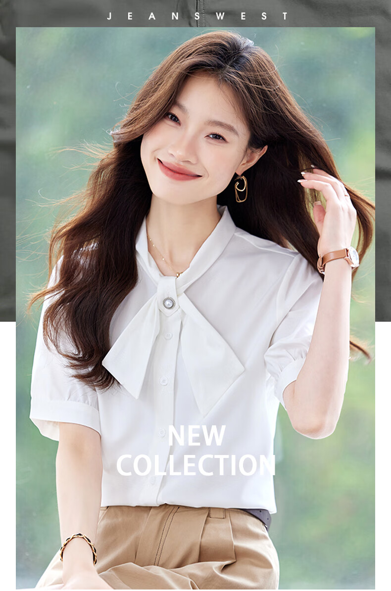 JEANSWEST Women's Summer Short Sleeve Shirt Elegant Versatile Fashion Bowknot Solid Color Formal Top White M 1