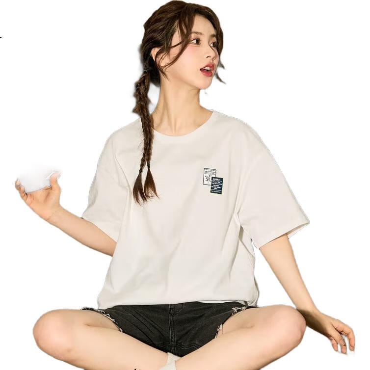 TonLion 2024 Women's Printed Round Neck Short-Sleeve T-Shirt, Off-White, M