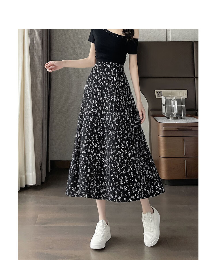 Awakening Paradise 2026 Summer New Slimming A-Line Mid-Length Skirt White Base Black Floral One Size 13