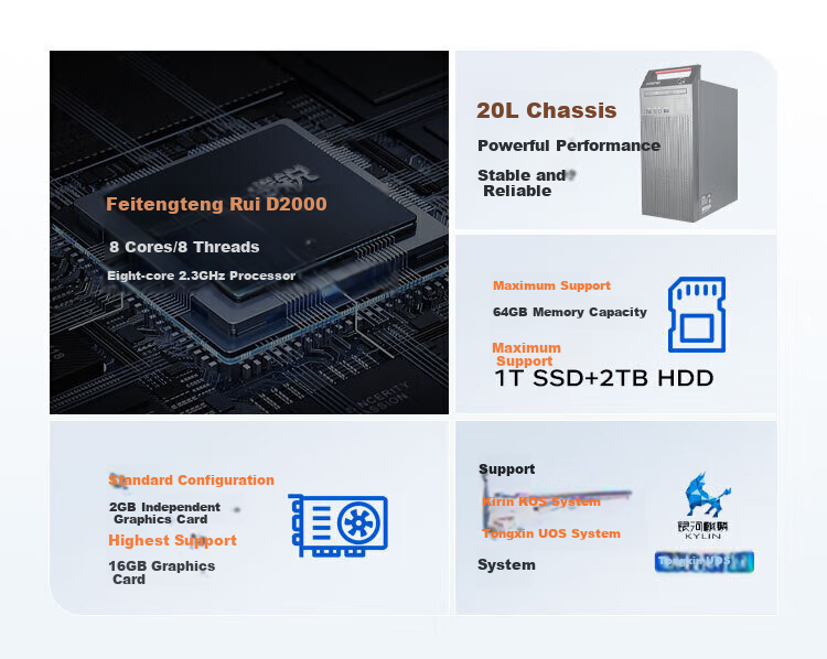LSTUTE Kaitian M740J Innovation Desktop Computer, Domestic Phytium D2000, 8GB RAM, 512GB SSD, 2GB Dedicated Graphics Card, Trial Kylin/Unisplendour, Standalone Computer 2
