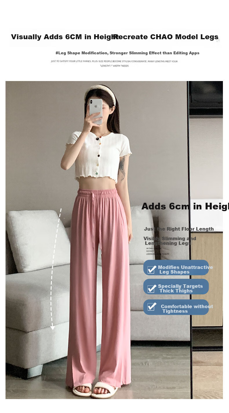 LangSha Ice Silk Wide-Leg Pants for Women, Summer Lightweight High-Waist Draping Loose Casual Straight-Leg Slimming Side-Slit Sports Sun Protection Women's Trousers 14