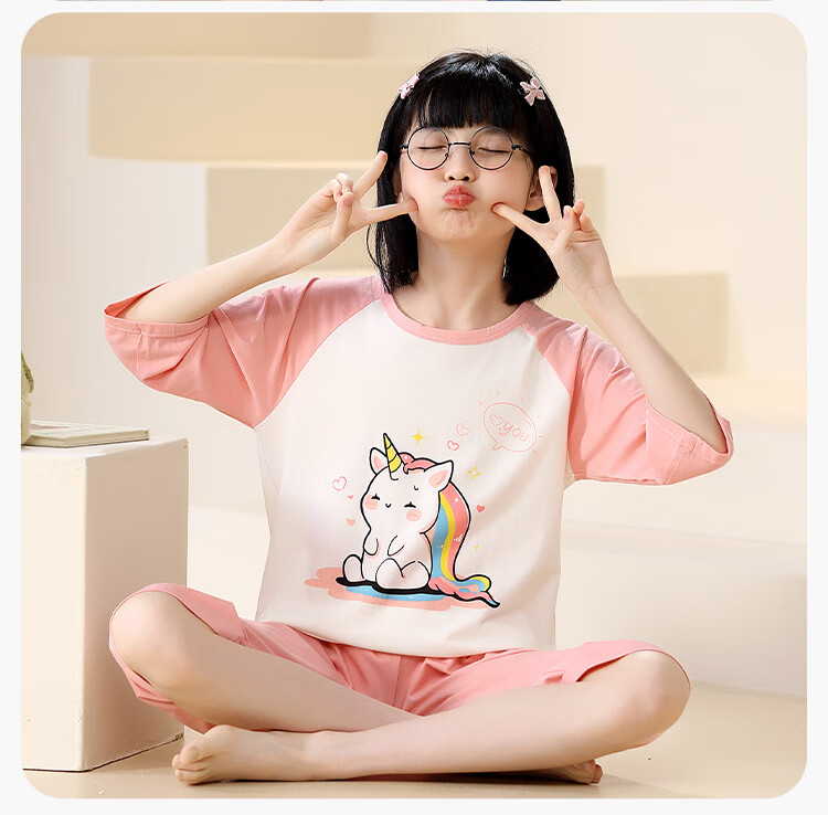 Hodo Modal Children's Pajamas Big Kids Short Sleeve Ice Silk Cooling Summer Thin Breathable New Air Conditioning Homewear Set 4