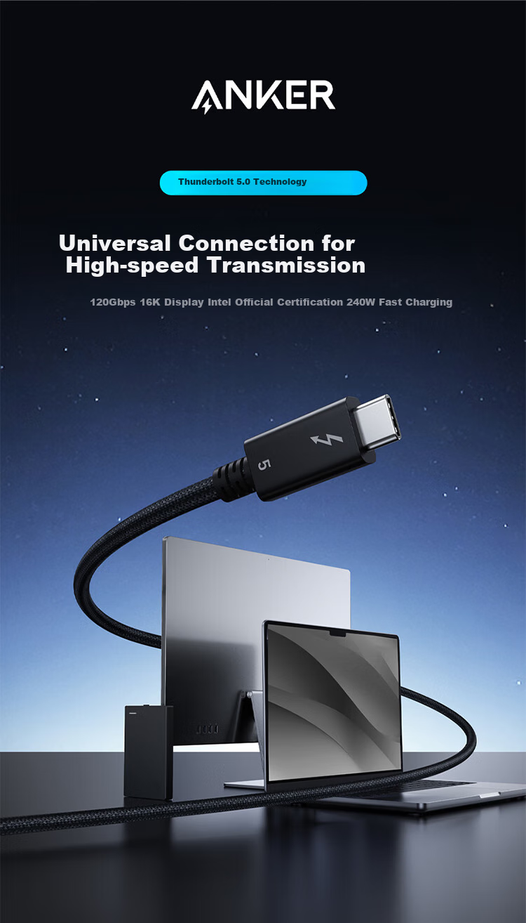ANKE Prime Intel Certified Thunderbolt 5 Data Cable, Type-C to 240W Apple Fast Charging Braided Cable, 120Gbps Transmission, 16K Screen Mirroring, Compatible with MacOS And Windows 1