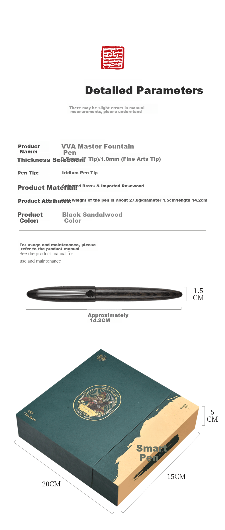 V.V.A (Weifeng) [Horse Year Gift] Fountain Pen, Artistic Wooden Signature Pen with Ink Set Gift Box, High-End Luxury Collection Gift, Master Black Ebony Wood Color, Bent Nib 1.0mm 6