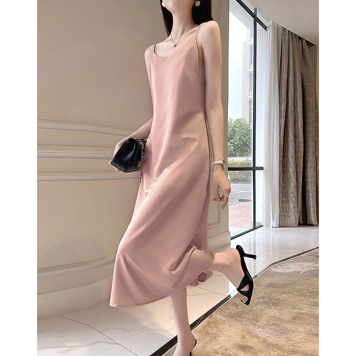Dme [Glossy Satin Spaghetti Strap Dress], Elegant X-Shaped Spaghetti Strap Midi Dress for Women, Spring And Summer