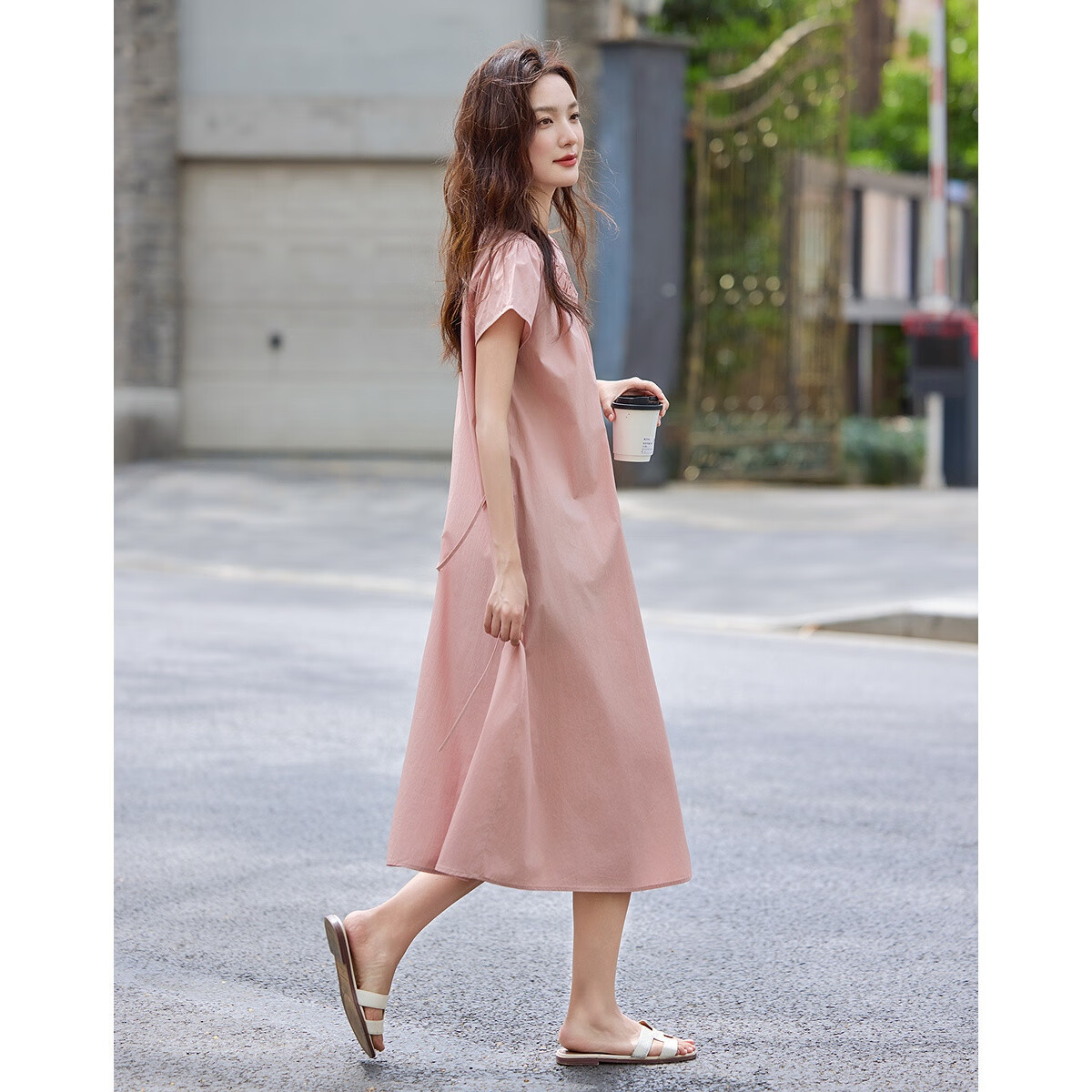 Dme [Shujie Meixue] Summer Lightweight 50-Count High-Density Silk V-Neck Tie-Up Short-Sleeve Loose Women's Dress