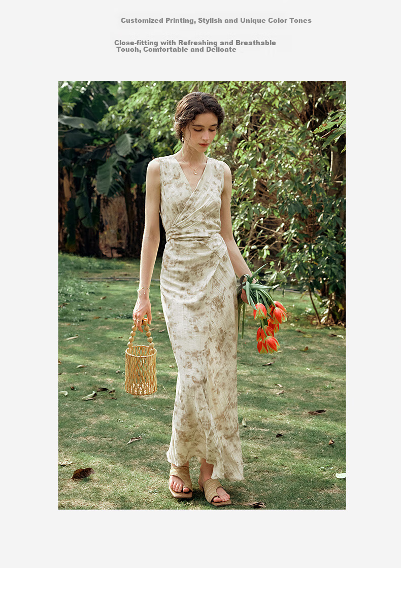 Olrain French Style Apricot Dress Women Summer Waist Slim Floral Mid-Length Dress Apricot L 6