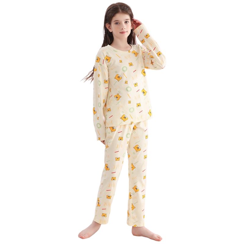 LangSha Children's Pajamas, Girls' All-Season Round Neck Sleepwear, Cotton Loungewear for Older Kids, Baby Girl Long-Sleeve Set