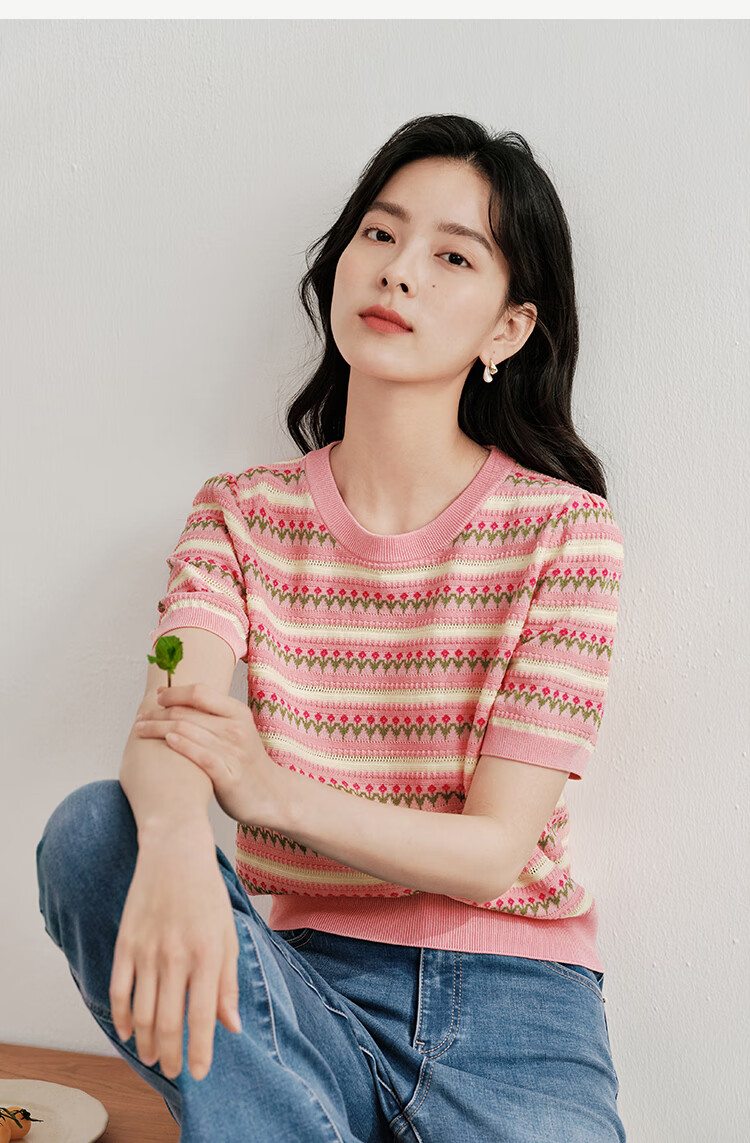 INMAN [Showroom Style] Suoluna Cool-Feeling Striped Short-Sleeve Women's Top, Summer 2026 Knitted Sweater, Yellow, Size L 15