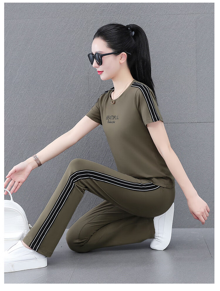 Woodpecker Pure Cotton Women's Summer Sportswear Set Loose Short Sleeve Long Pants Middle-aged Mom Casual Two-piece Suit Royal Blue 4XL 13