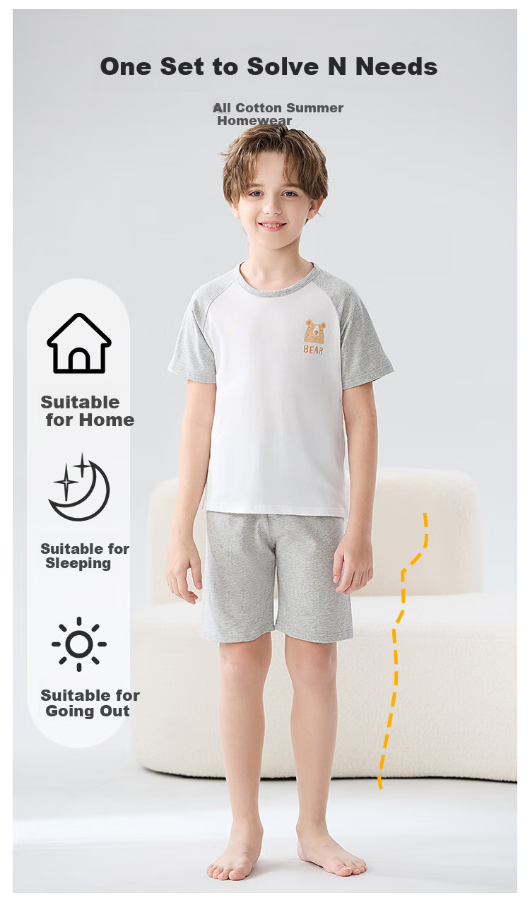MiiOW Children's Pajamas [100% Cotton], Boys' Summer Thin Short-Sleeve Round Neck Sleepwear, Baby And Older Child Home Wear Set 1