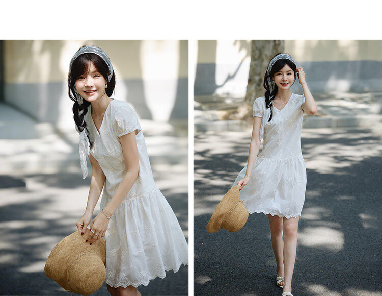 Mt [Pure Cotton Confession] Summer Sweet Fresh V-Neck Embroidered Elegant A-Line High-End Petite White Dress 9