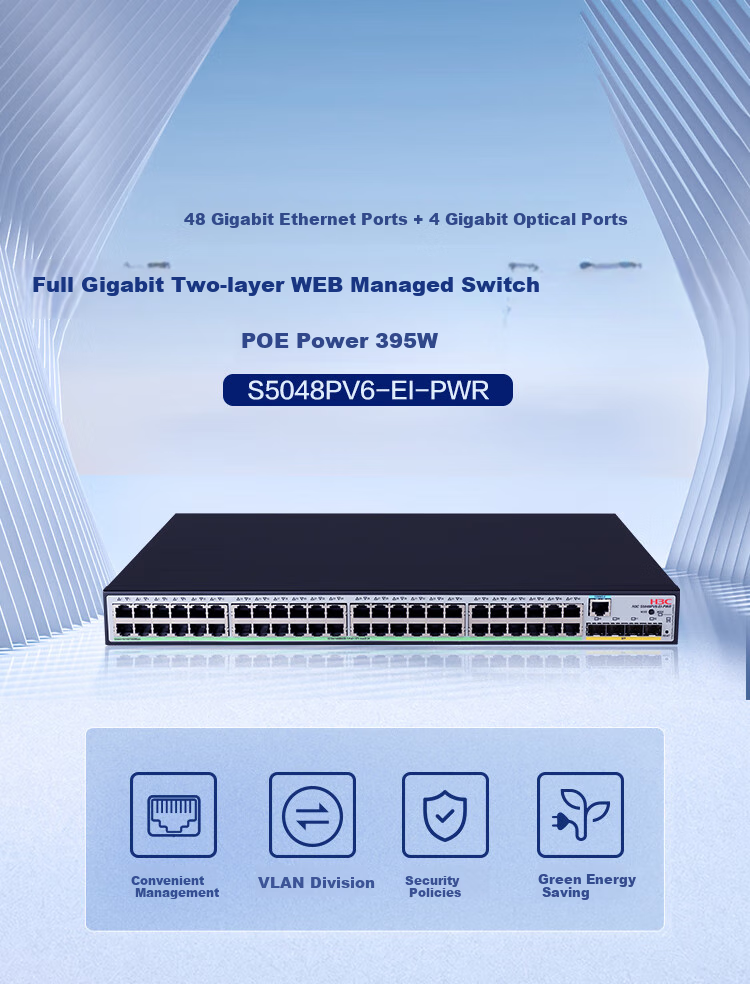 H3C S5048PV6-EI 48 Gigabit Ethernet Ports + 4 Fiber Ports, Full Gigabit Layer 2 Managed Enterprise-Grade Network Switch, POE Power Supply 395W / Intelligent Stackable / IPv6 1