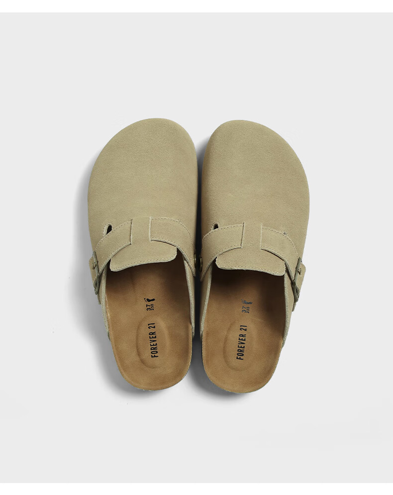 FOREVER21 Women's Leather Slippers Spring Autumn Birkenstock Style Thick Sole Slip-On Half Slippers Khaki Size 36 10