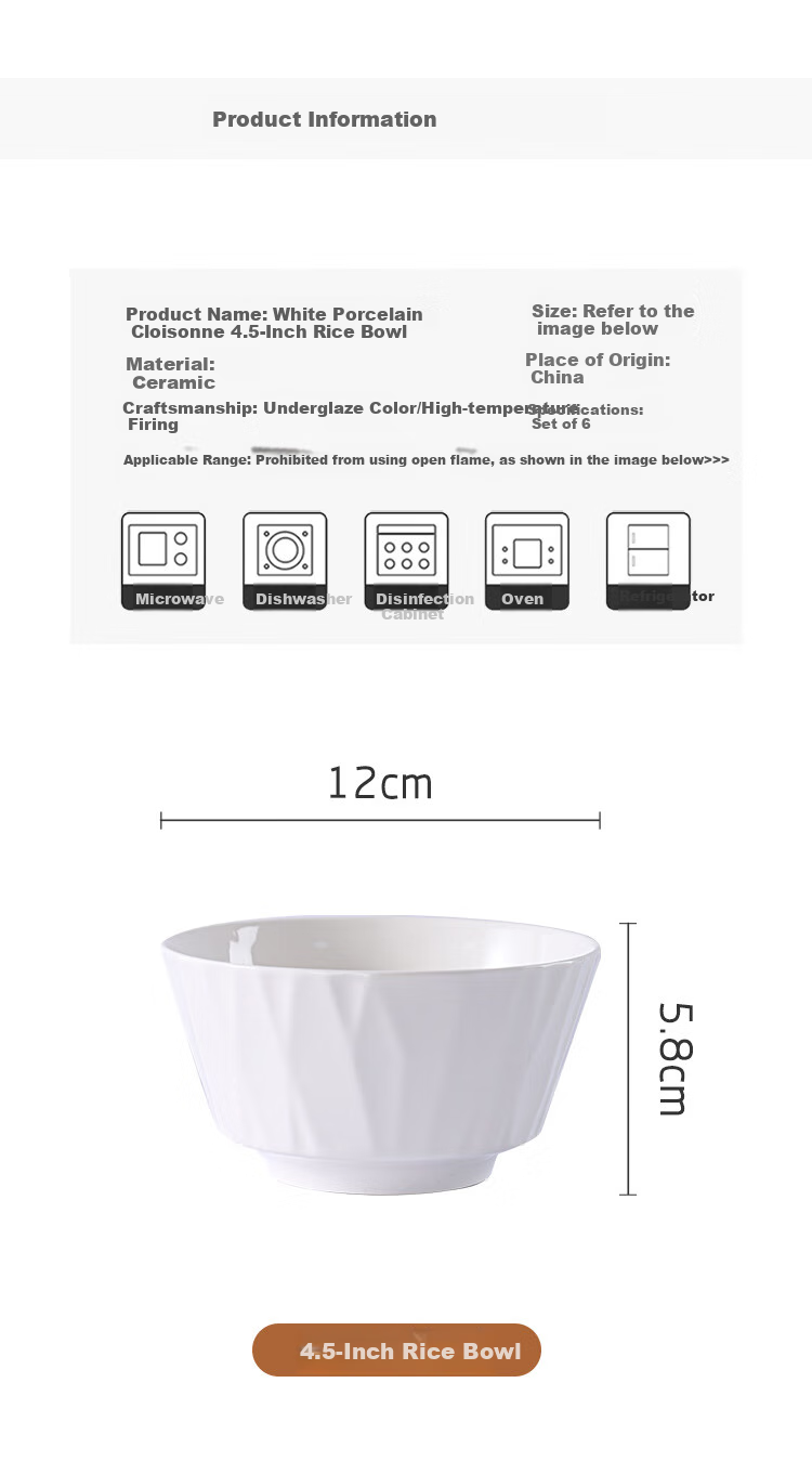Jieyajie Rice Bowl, Chinese Underglaze Color, 4.5-Inch Ceramic Bowl, White Porcelain Small Bowl, Household Set of 6 Pieces, White Glass 2