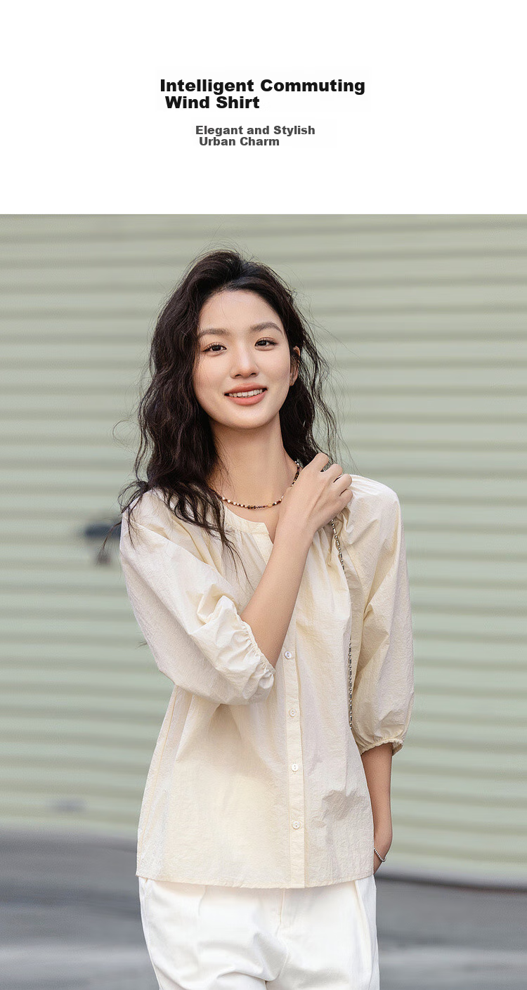 Dme [Bian Dao Qing Shi] Spring Literary Style Simple V-Neck Mid-Sleeve Shirt, Lightweight Breathable Blouse, Women's Top 2