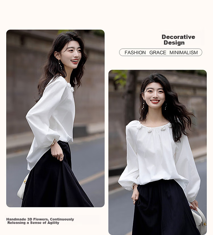 Dme [Moonlight Old Dream] Autumn French Pure Cotton Handmade 3D Floral V-Neck Pleated Blouse Women's Top 4
