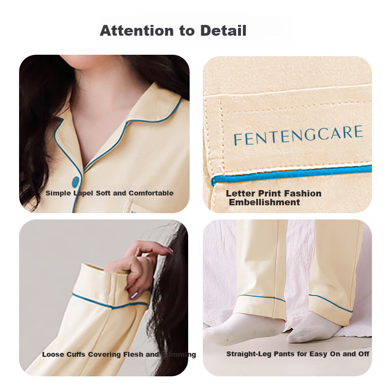 Комплект женской пижамы FENTENGCARE из 100% хлопка, весна-осень, длинный рукав, кардиган, брюки, домашняя одежда