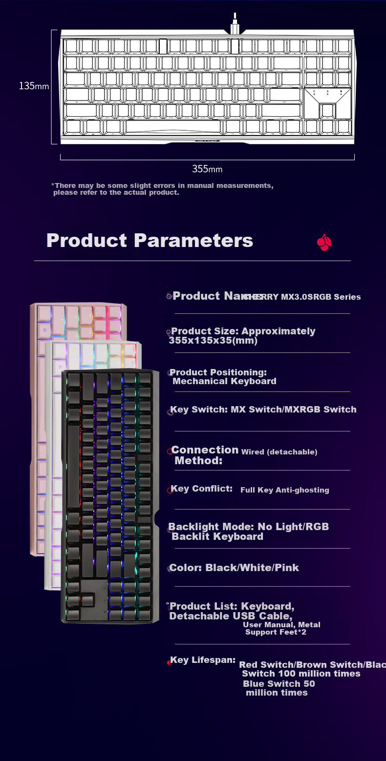CHERRY MX3.0S TKL Mechanical Keyboard, RGB Lighting Effects, E-Sports Gaming Keyboard, Wired Keyboard, Office Keyboard with 87 Keys, Pink Red Switches 21