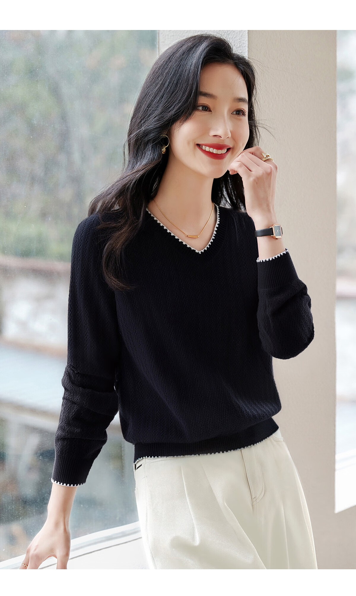 Chushen Women's Spring and Autumn Knitwear Fashionable Elegant V-Neck Color-Block Collar Long Sleeve Base Shirt S141Z3649 18
