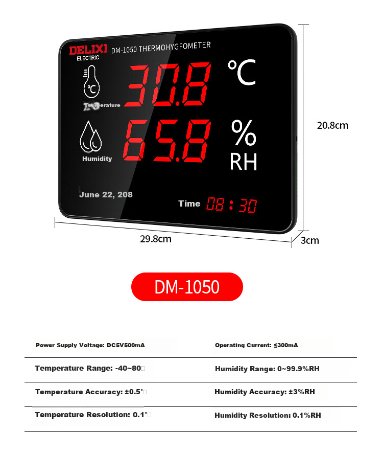 DELIXI ELECTRIC Industrial-Grade Indoor Temperature And Humidity Meter, Large Screen Electronic High-Precision Wall-Mounted Temperature And Humidity Display, Ultra-Temperature Alarm 8