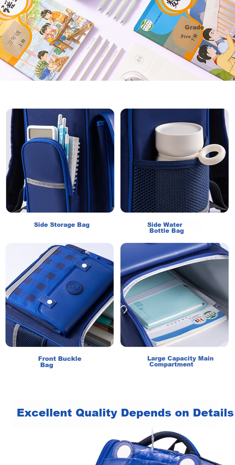 Deli Cartoon Schoolbag for Elementary Students, Spine-Protecting Large Capacity Backpack, Blue Bear Design for Grades 3-6 8