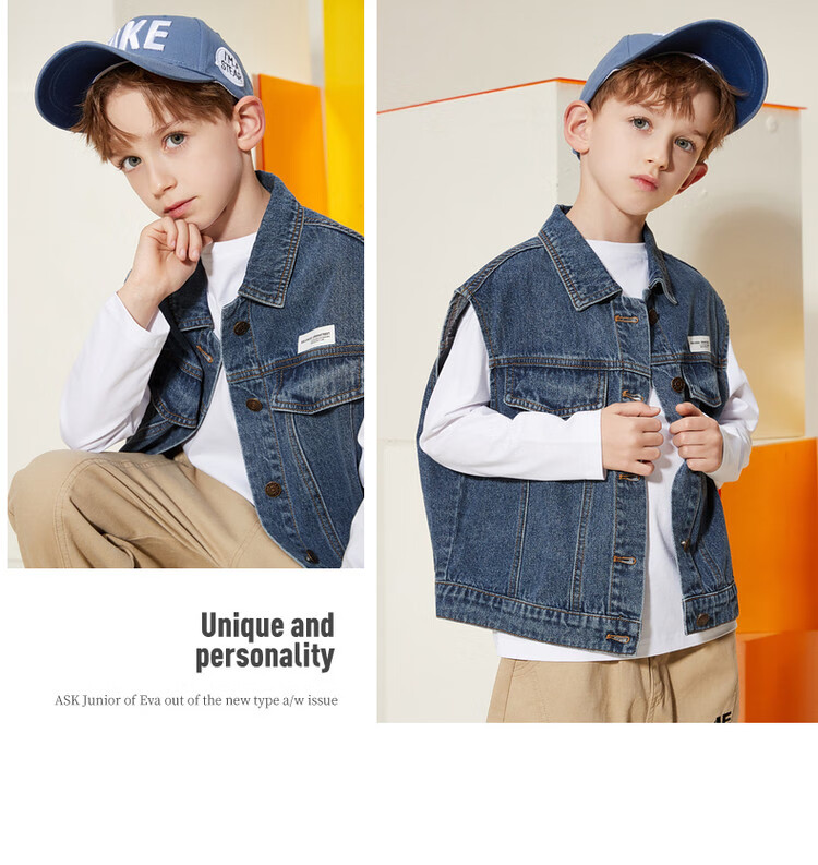 ASK JUNIOR Boys' Jacket, 2026 Autumn New Arrival, Denim Vest for Older Children And Teenagers 8