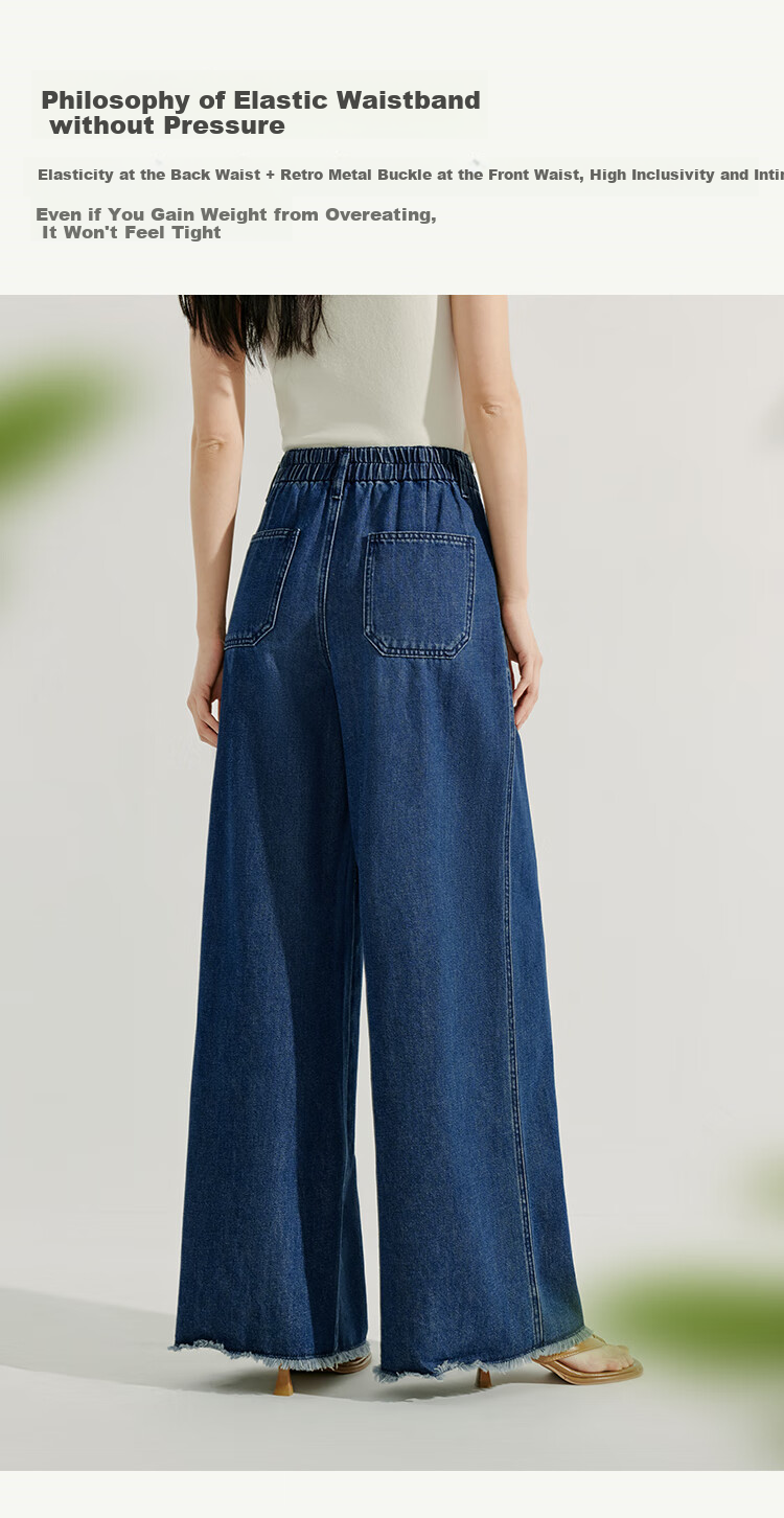 INMAN [Showroom Style] Linen Washed Frayed Wide-Leg Pants, Summer High-Waist Straight-Leg Trousers, Dark Denim Blue, Size 27 3