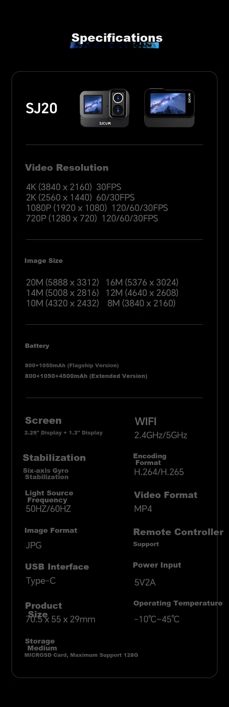 SJCAM Suying SJ20 Long-Lasting Version Night Shooting Dual Lens Anti-Shake Waterproof Action Camera Motorcycle Helmet Riding Recorder Outdoor Live Streaming Pre-Recording Vlog Fishing Camera 64 20