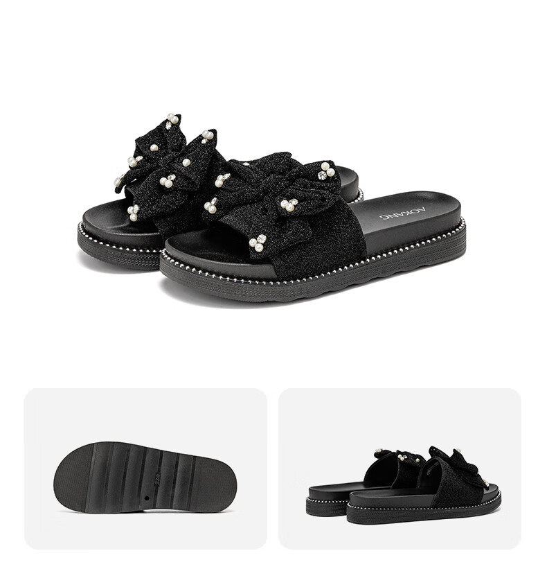 Aokang Women's Pearl Sandals, Outdoor Slippers, Trendy Fairy Style Thick-Soled Slippers, 1249201016, Black, Size 35 6