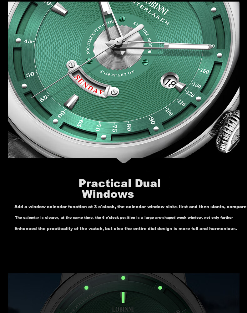 LOBINNI Men's Mechanical Watch, Luminous Casual Waterproof Back-Transparent Wristwatch for Men 18087 11
