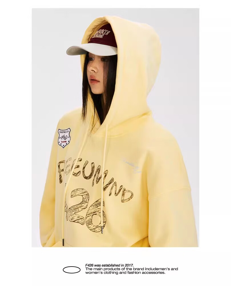 F426 [Zhao Lusi Style] National Trend Brand Autumn Couple's American Loose Graffiti Hoodie Yellow L 9