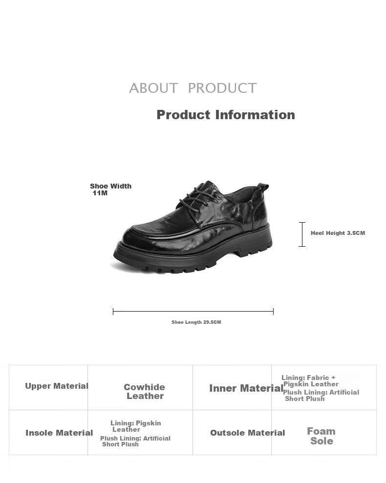 Belle Pleated Business Leather Shoes, Thick-Soled Heightening Derby Shoes for Men, Formal Genuine Leather Shoes A1422AM4, Black-Single Lining, Size 38 10