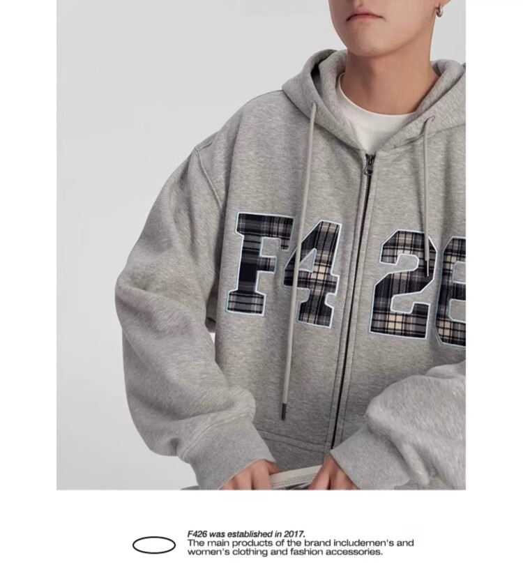 F426 [Zhao Lusi's Style] National Trend Brand Loose Fit Large Logo Plaid Patchwork Embroidered Sweatshirt Jacket, Floral Gray, L 9