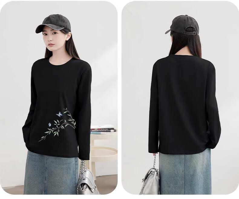 Warrior Women's Pure Cotton Long Sleeve T-Shirt 2026 Spring Black Petite Loose Slim Fit National Style Base Layer Top 7