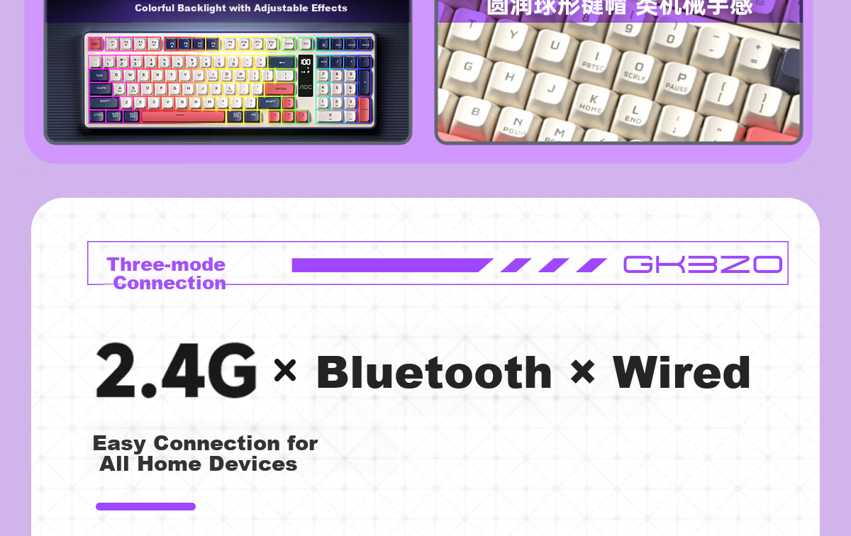 AOC GK320 Wireless Bluetooth Wired Tri-Mode Keyboard, Display Mechanical Feel RGB, Quiet Keyboard, Mac Computer Keyboard for E-Sports Gaming, Navy Blue Dream 4