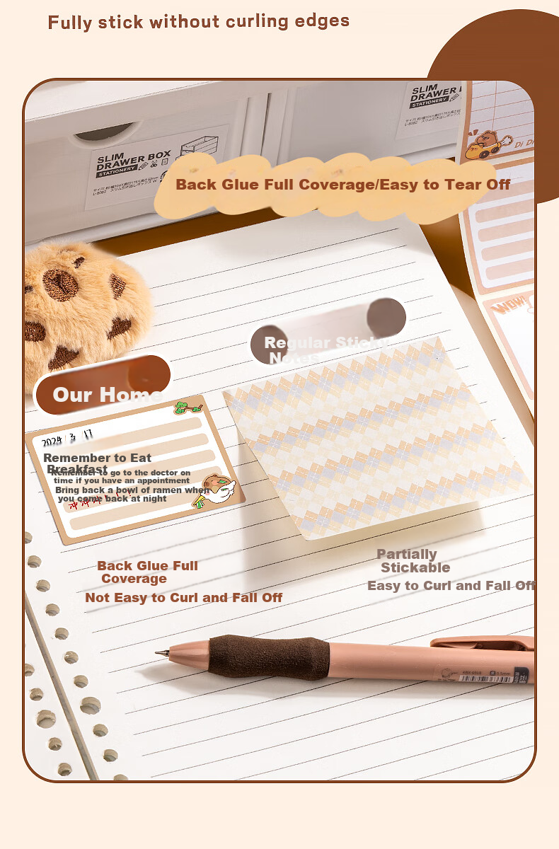 Kabaxiong Pull-Out Sticky Notes 256 Pieces, High-Quality Cartoon Cute Student Memo Pads, Strong Adhesive Medium-Sized Sticky Notes, Kapibara 4