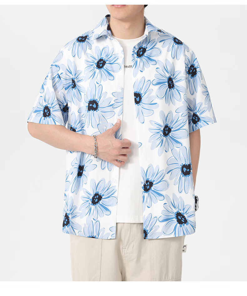 CLOR American Style Ice Silk Shirt Men's Spring and Autumn Printed Short Sleeve Loose Jacket CLCX11 Blue Rhythm Baby Flower 3XL 7