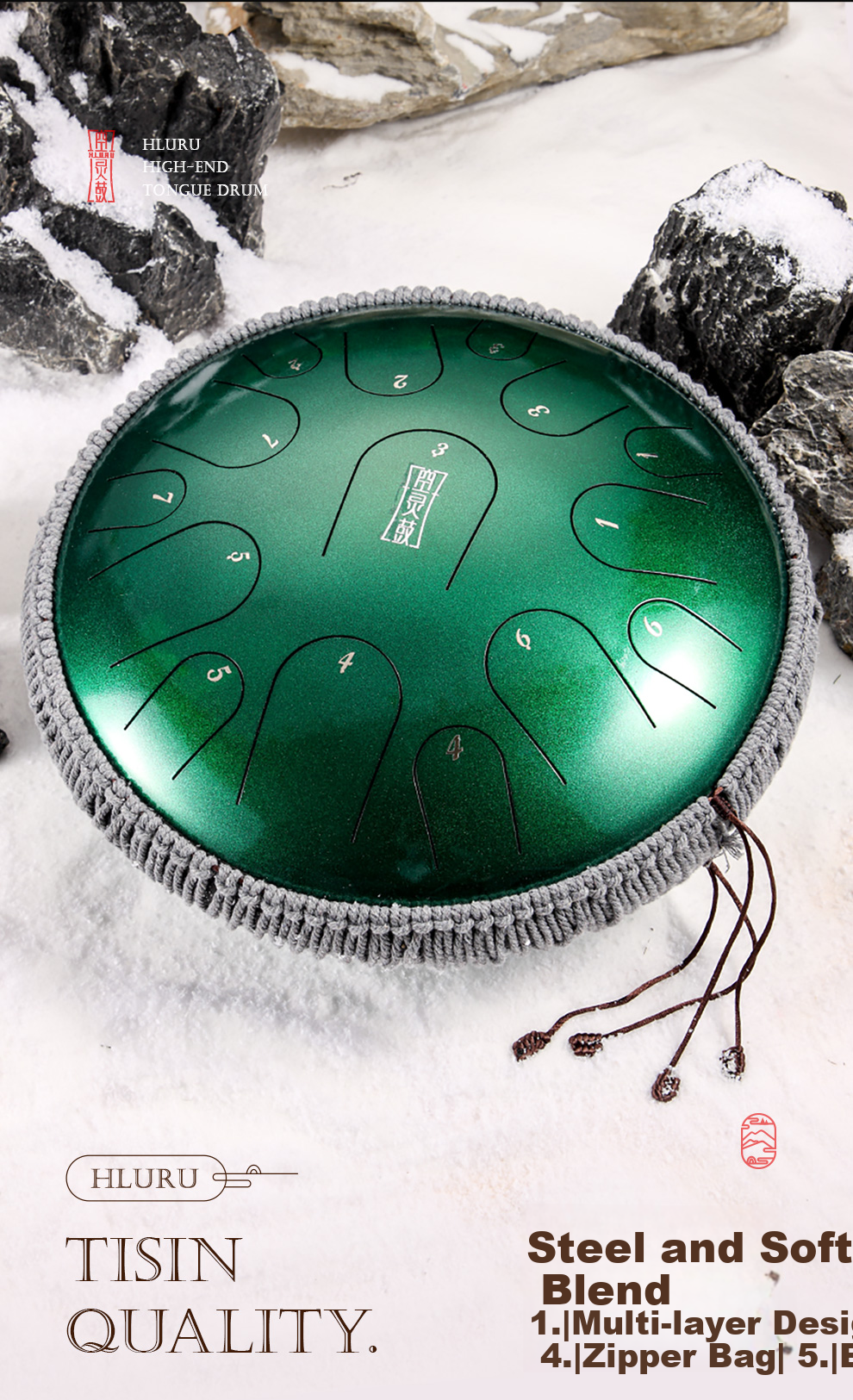Luru 15-Tone 14-Inch Translucent Paint Titanium Steel Color Tongue Drum, Professional Tuning Steel Tongue Drum, Jade Gree 7