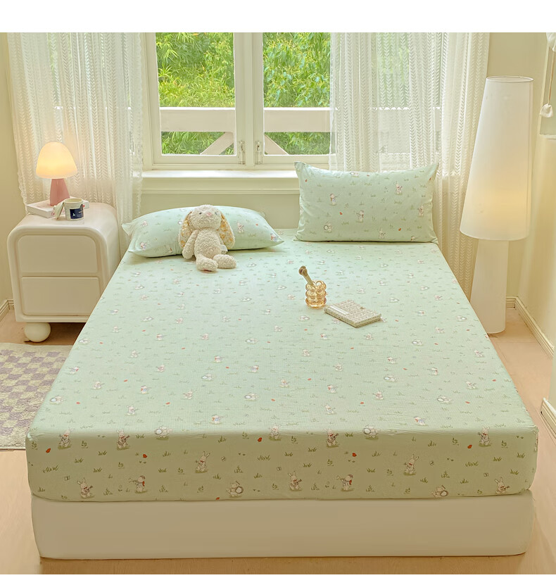 AVIVI Class A Double-Layer Gauze Fitted Sheet Single Bed Cover Full Enclosure Mattress Protector for 1.8m Bed Forest Rabbit 15