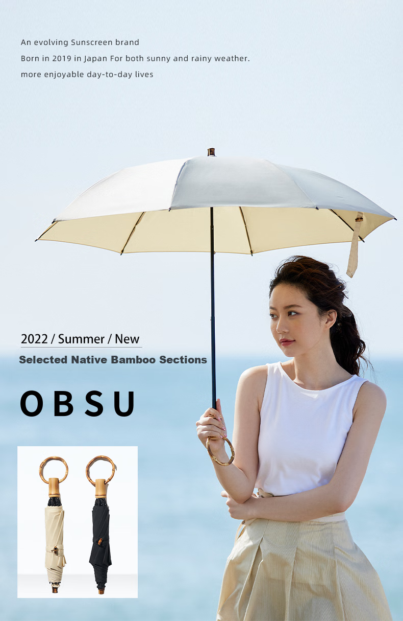 Obsu Japanese, Obsu Long-Handle Folding Umbrella for Women, Sturdy Double-Fold Circular Bamboo Handle Nano Non-Wet Umbrella, Black Bamboo Ring Umbrella 1